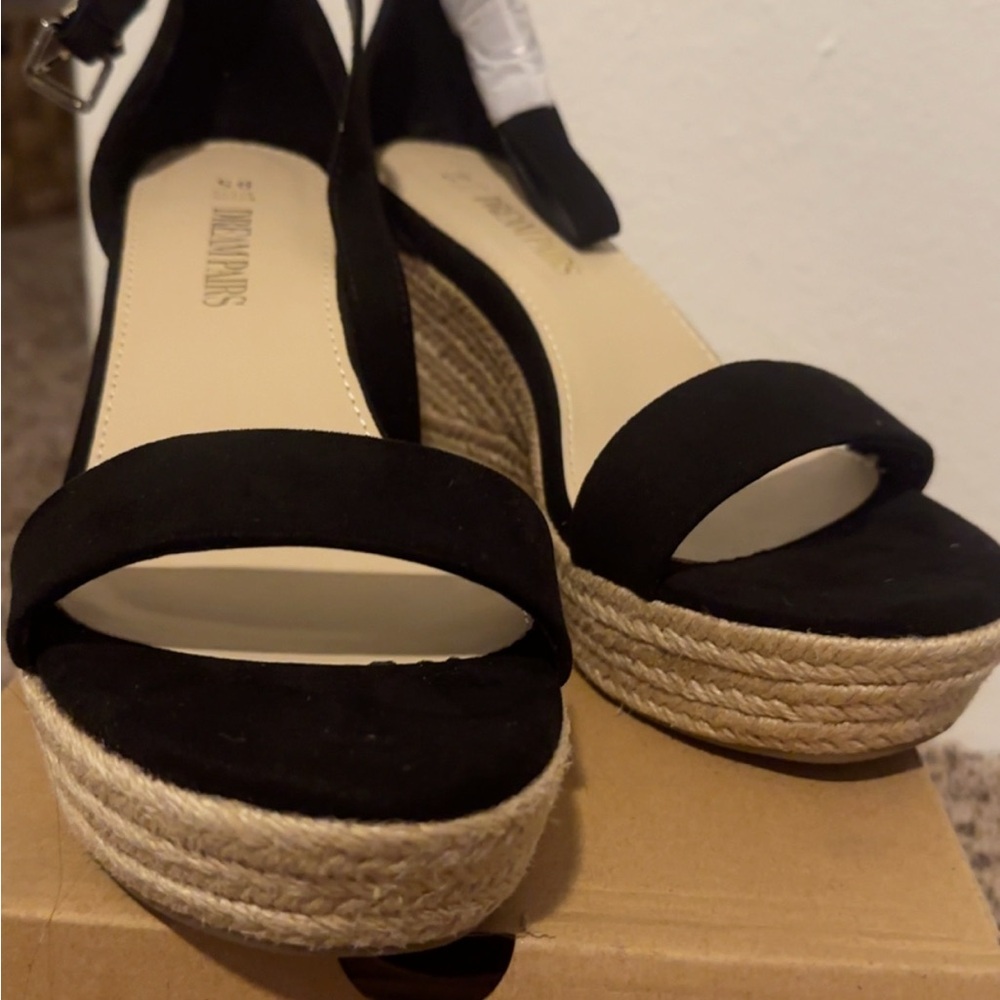 Black Espadrille Wedge Sandals with Ankle Strap